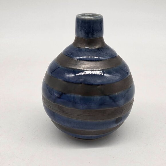 Vintage Otagiri Vase Japan Striped Blue & Black Miniature Ceramic - Picture 1 of 7